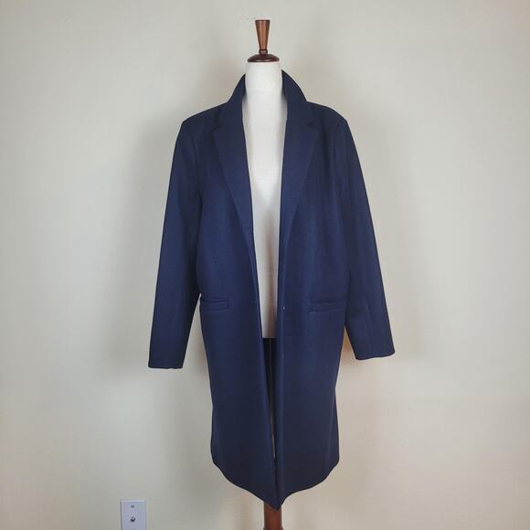 Amazon Essentials Coat Medium Navy Wool Blend Long Overcoat Oversized NEW - Picture 1 of 9